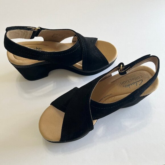 Clarks Comfort Giselle Cove Platform Wedge Suede Slingback Sandal in Blk/Blk 6 - Picture 8 of 16